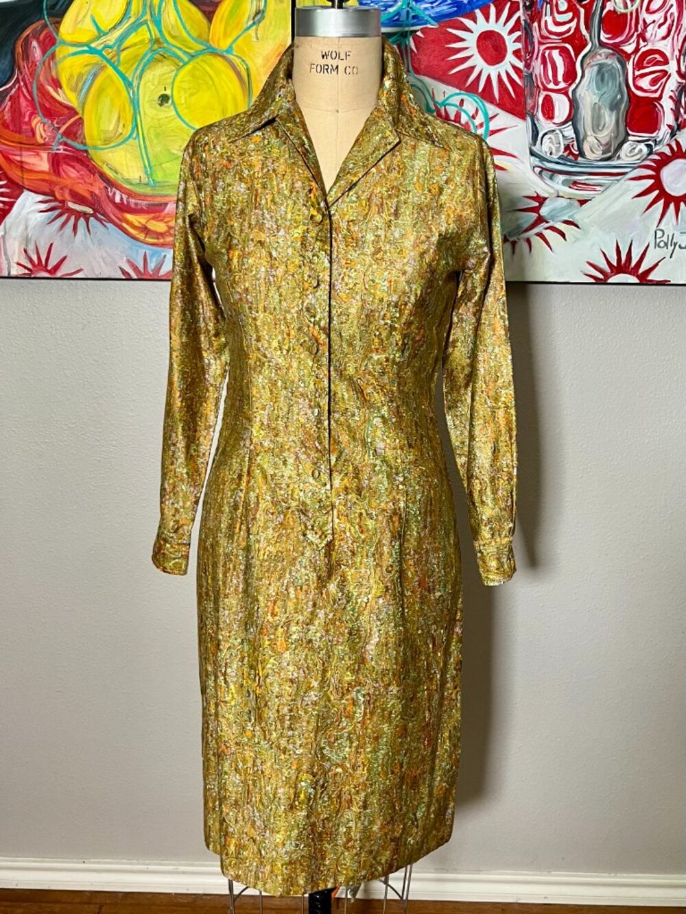Lady Bayard Vintage Psychedelic Metallic Marble Print Shirt Dress 60s